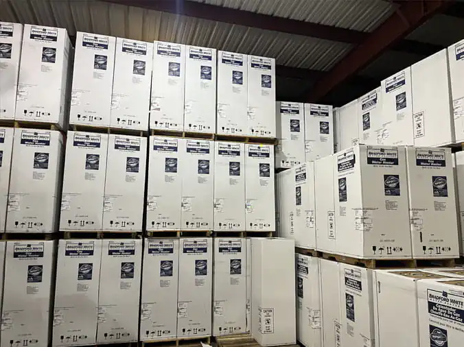 Water heaters stacked in the Moore Supply Memorial City PLumbing Warehouse